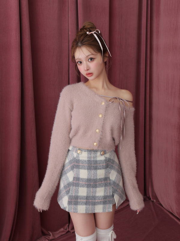 Light shaggy check mini skirt(eme10763)