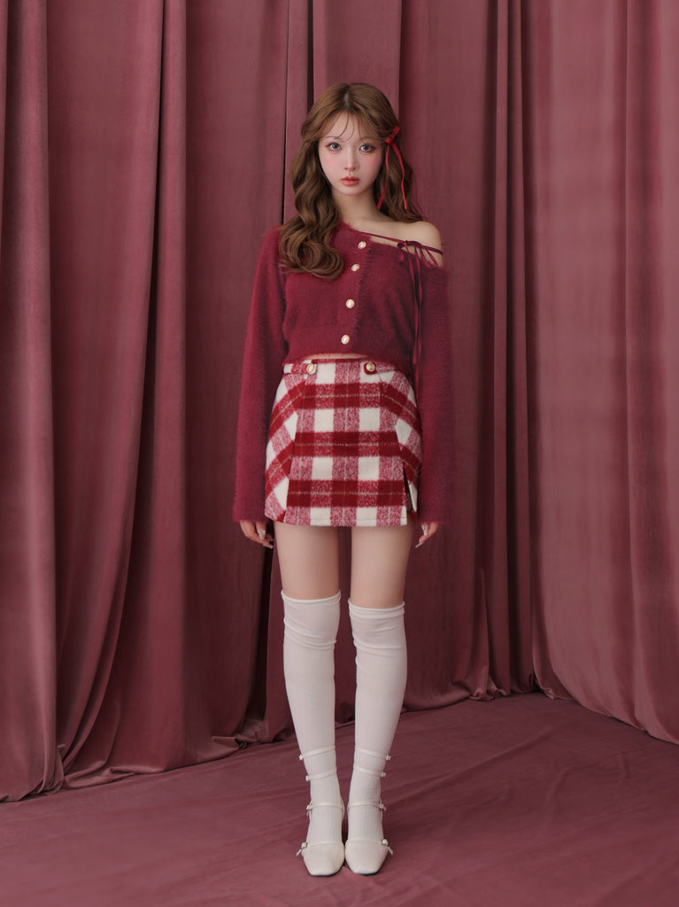 Light shaggy check mini skirt(eme10763)