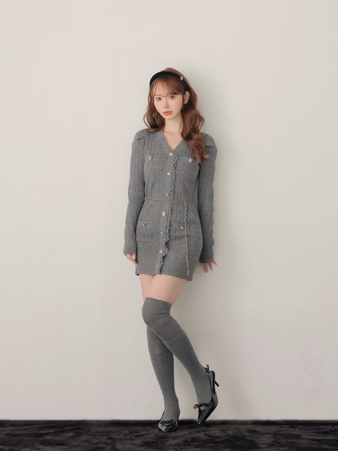 Lace trim wide rib knit mini onepiece(eme10785)