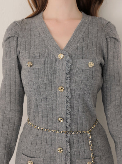 Lace trim wide rib knit mini onepiece(eme10785)