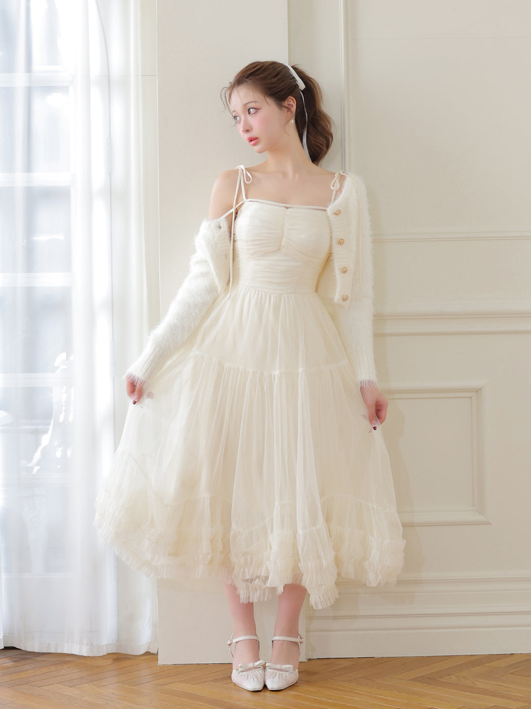 Romantic gathered ribbon onepiece (eme10788) – M me eme