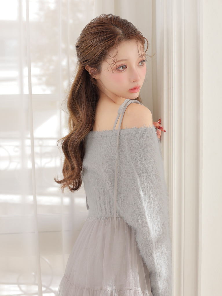 【Pre Order】Spring feather lame off the shoulder cardigan (eme10789)