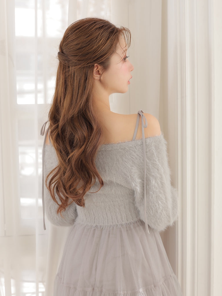 【Pre Order】Spring feather lame off the shoulder cardigan (eme10789)