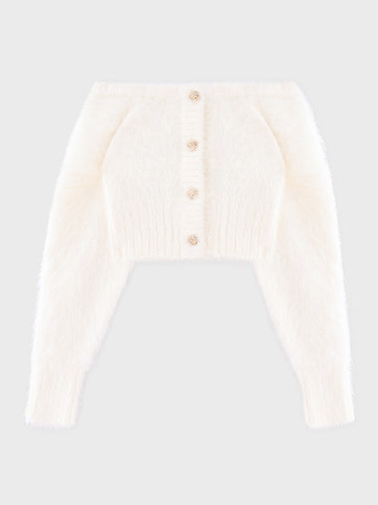 【Pre Order】Spring feather lame off the shoulder cardigan (eme10789)