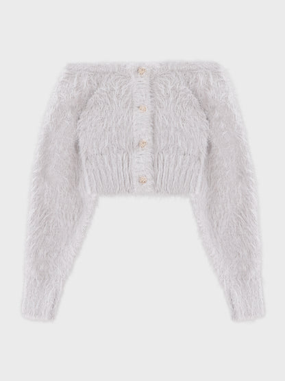 【Pre Order】Spring feather lame off the shoulder cardigan (eme10789)
