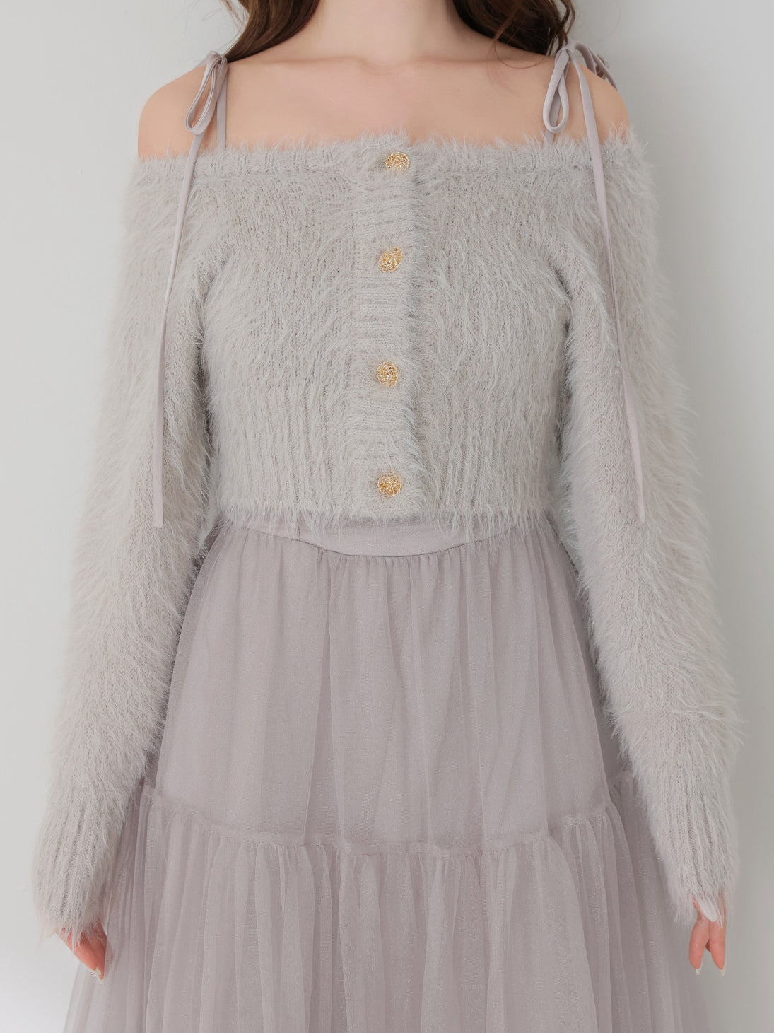 【Pre Order】Spring feather lame off the shoulder cardigan (eme10789)