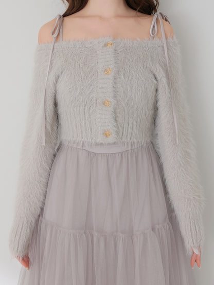 【Pre Order】Spring feather lame off the shoulder cardigan (eme10789)