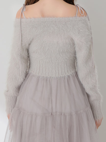 【Pre Order】Spring feather lame off the shoulder cardigan (eme10789)