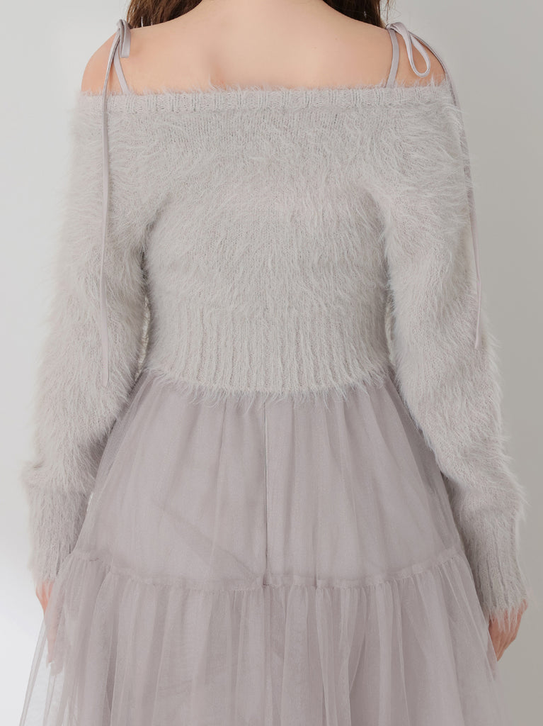 【Pre Order】Spring feather lame off the shoulder cardigan (eme10789)