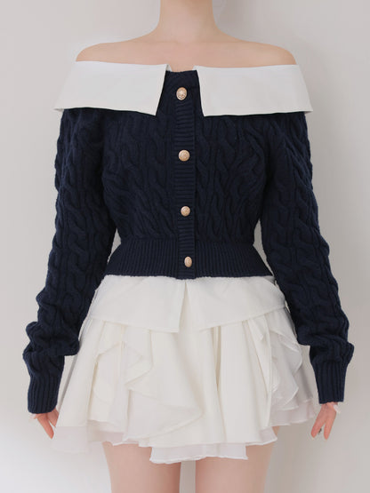 Off the shoulder collar cable knit tops(eme10791)