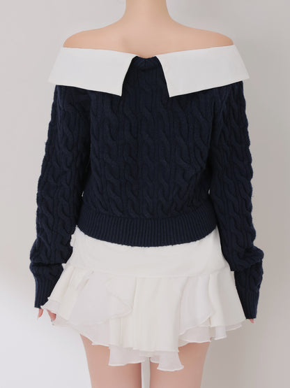 Off the shoulder collar cable knit tops(eme10791)