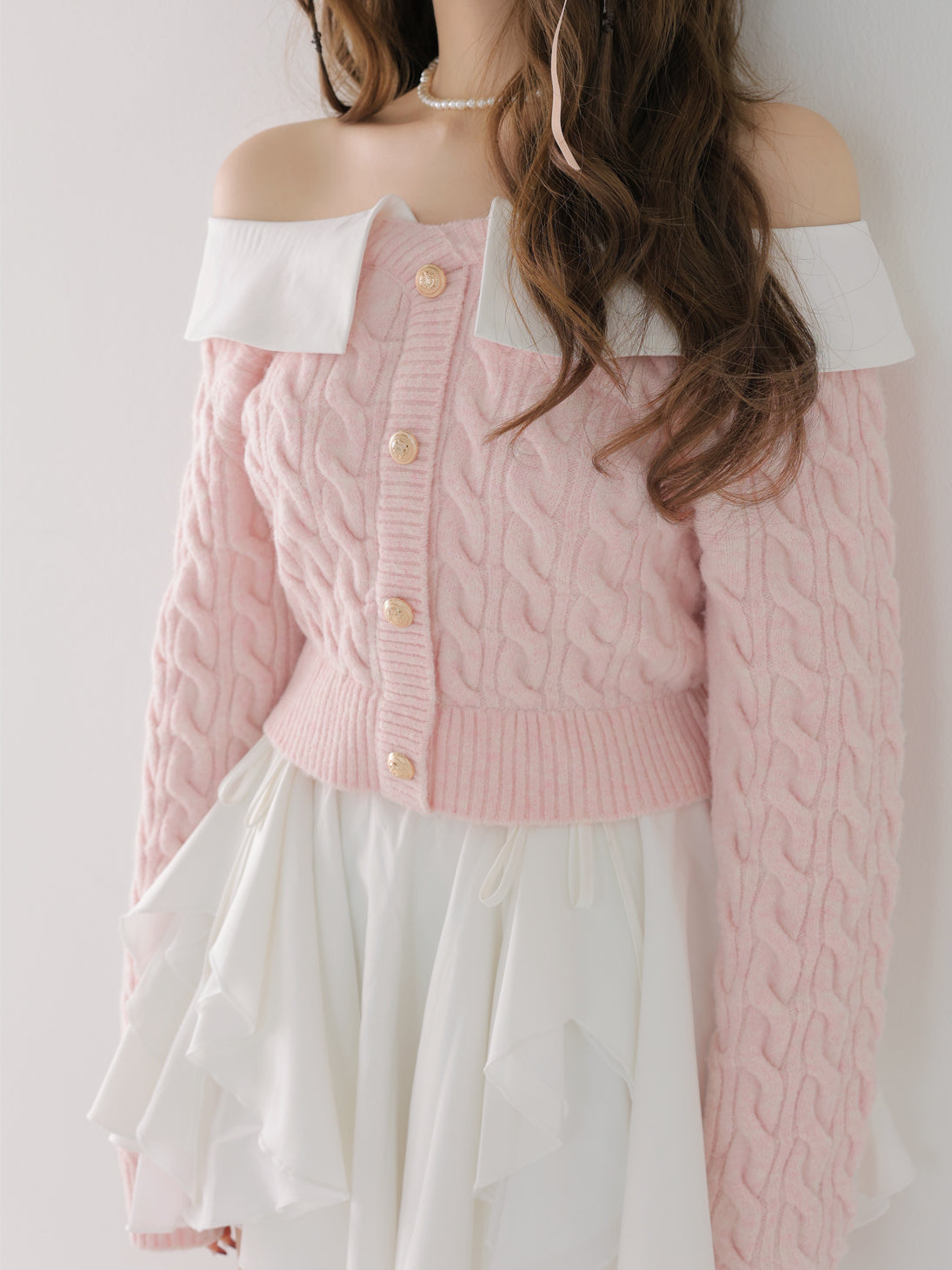 Off the shoulder collar cable knit tops(eme10791)