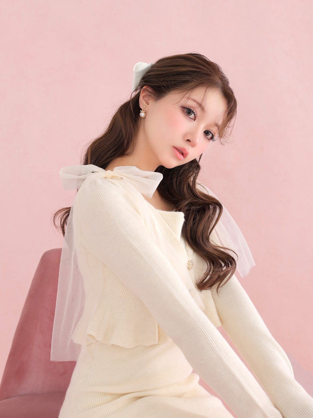 【SALE】Ribbon peplum ensemble knit onepiece(eme10793)