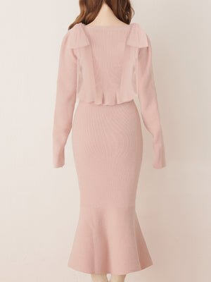 【SALE】Ribbon peplum ensemble knit onepiece(eme10793)