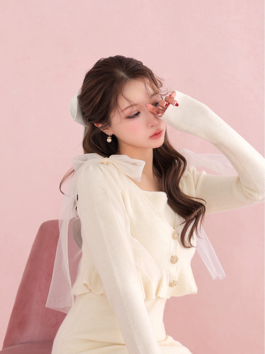 【SALE】Ribbon peplum ensemble knit onepiece(eme10793)