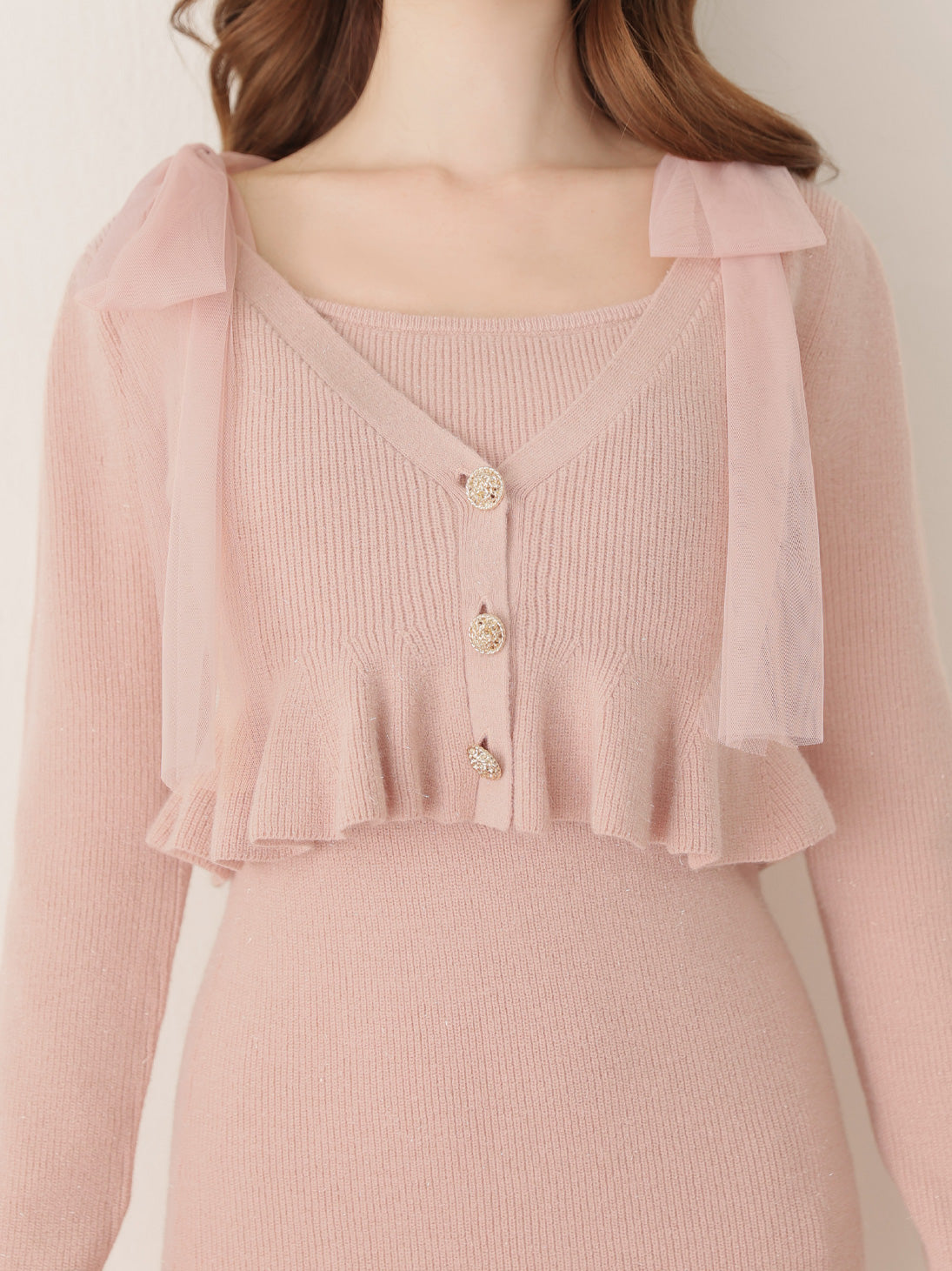 【SALE】Ribbon peplum ensemble knit onepiece(eme10793)