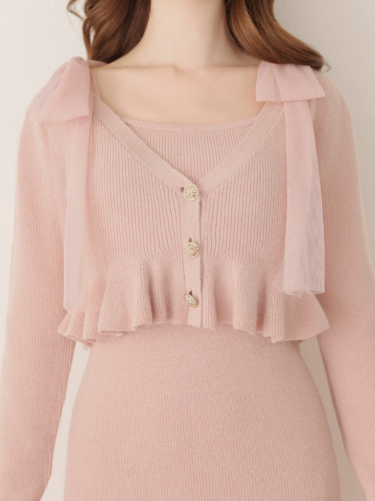 【SALE】Ribbon peplum ensemble knit onepiece(eme10793)