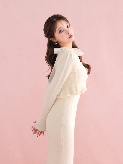 【SALE】Ribbon peplum ensemble knit onepiece(eme10793)