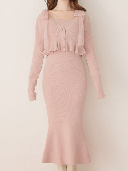 【SALE】Ribbon peplum ensemble knit onepiece(eme10793)