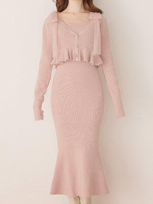 【SALE】Ribbon peplum ensemble knit onepiece(eme10793)