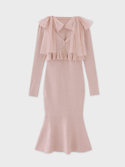 【SALE】Ribbon peplum ensemble knit onepiece(eme10793)