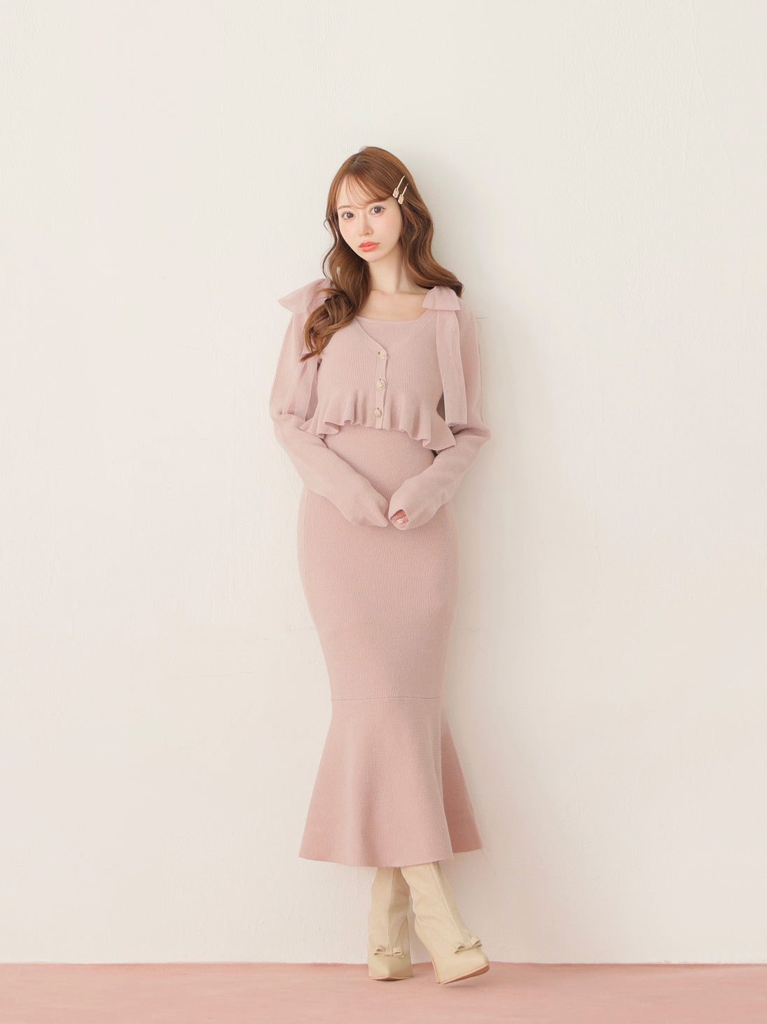 【SALE】Ribbon peplum ensemble knit onepiece(eme10793)