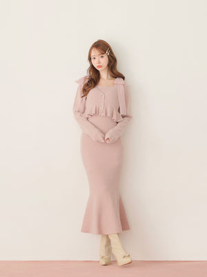 【SALE】Ribbon peplum ensemble knit onepiece(eme10793)