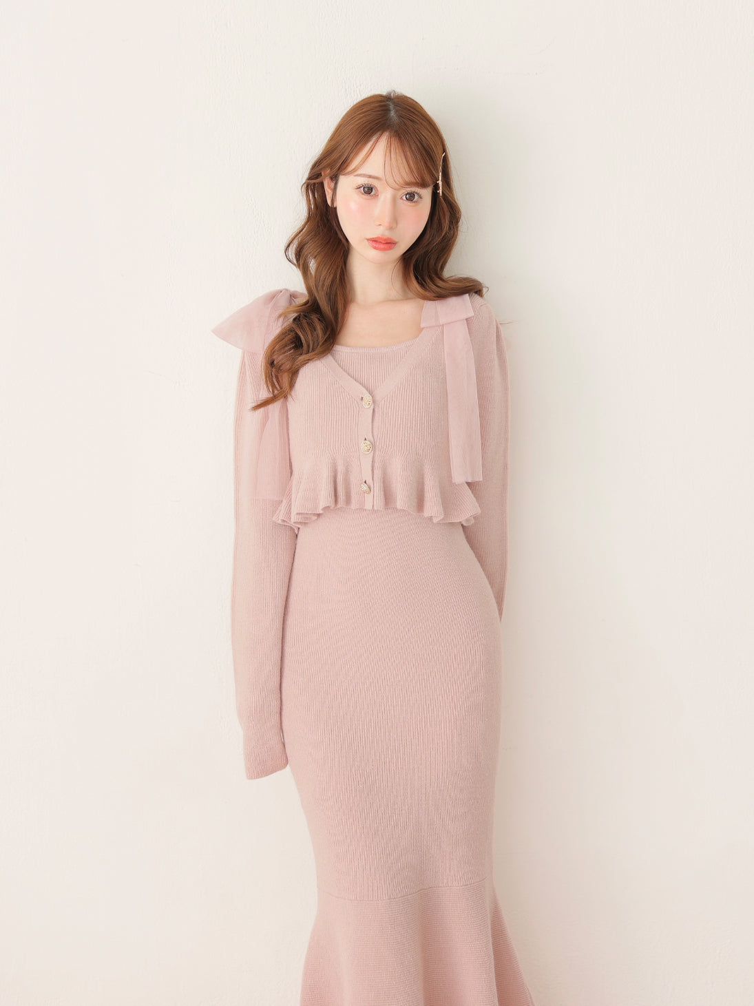 【SALE】Ribbon peplum ensemble knit onepiece(eme10793)