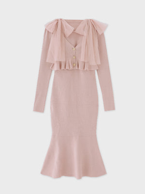 【SALE】Ribbon peplum ensemble knit onepiece(eme10793)