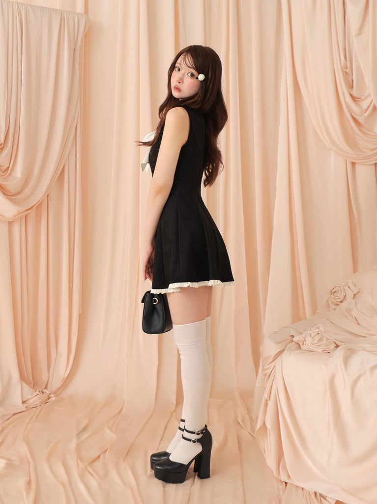 Ribbon suede flare onepiece(eme10804)