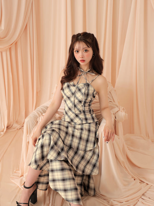 Check asymmetrical camisole onepiece(eme10807)