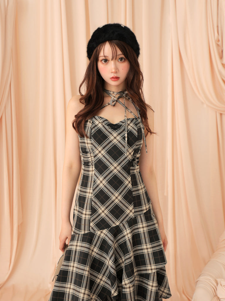 Check asymmetrical camisole onepiece(eme10807)