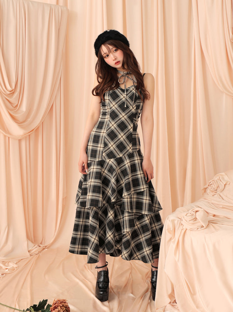 Check asymmetrical camisole onepiece(eme10807)