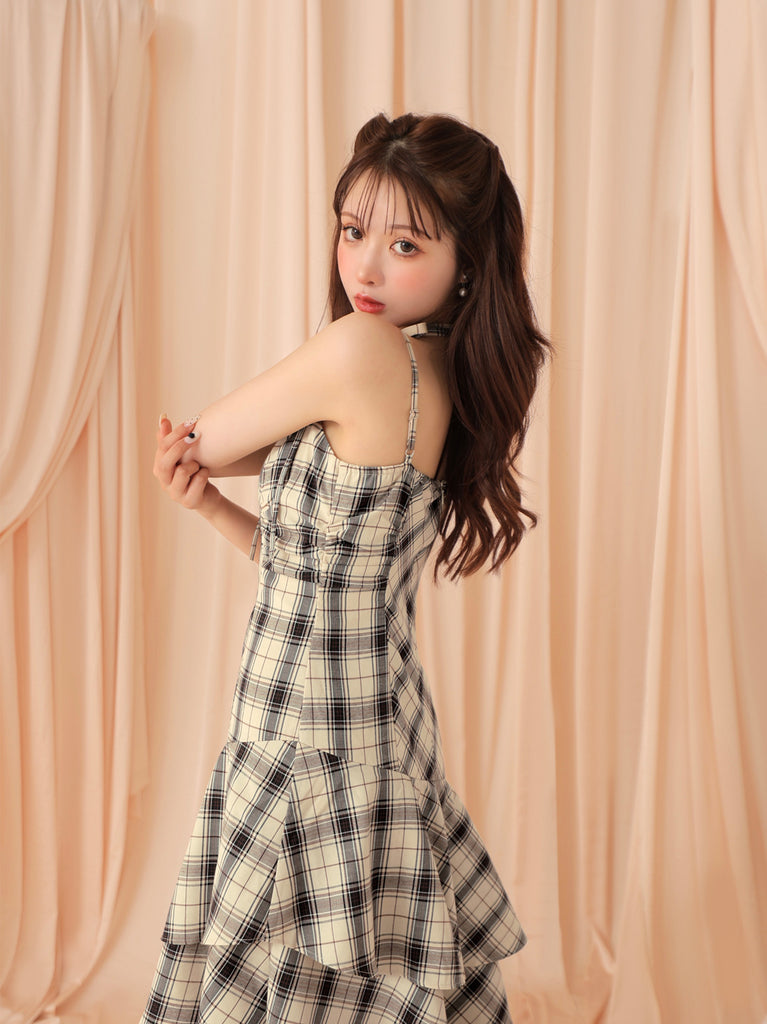 Check asymmetrical camisole onepiece(eme10807)