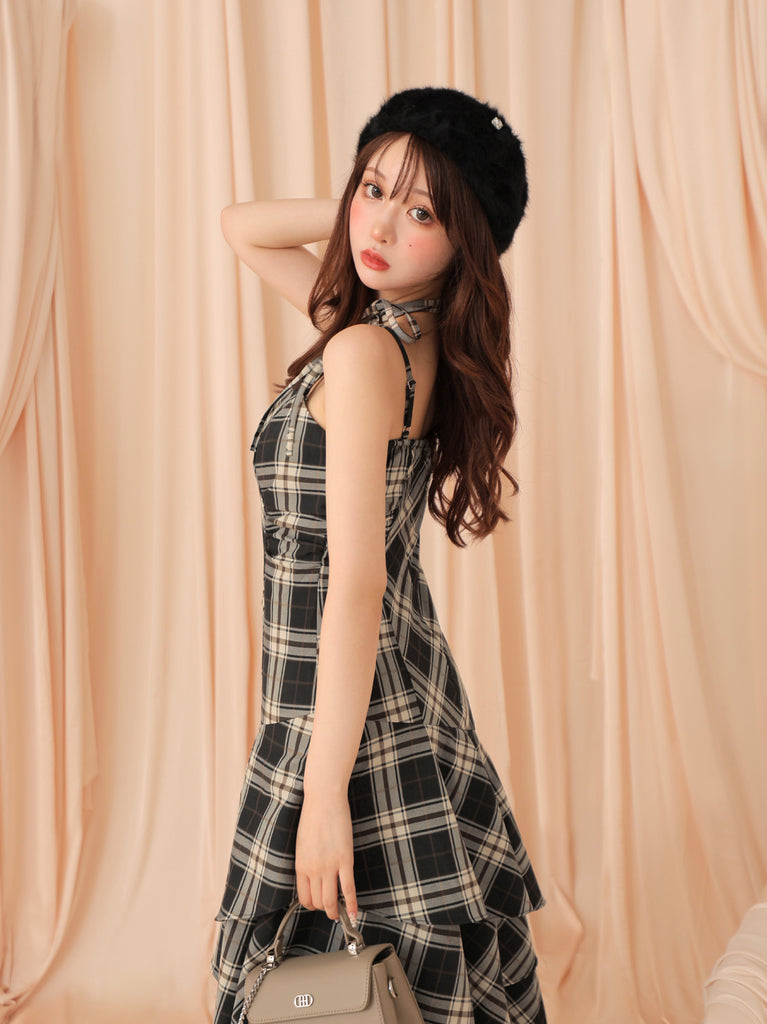 Check asymmetrical camisole onepiece(eme10807)
