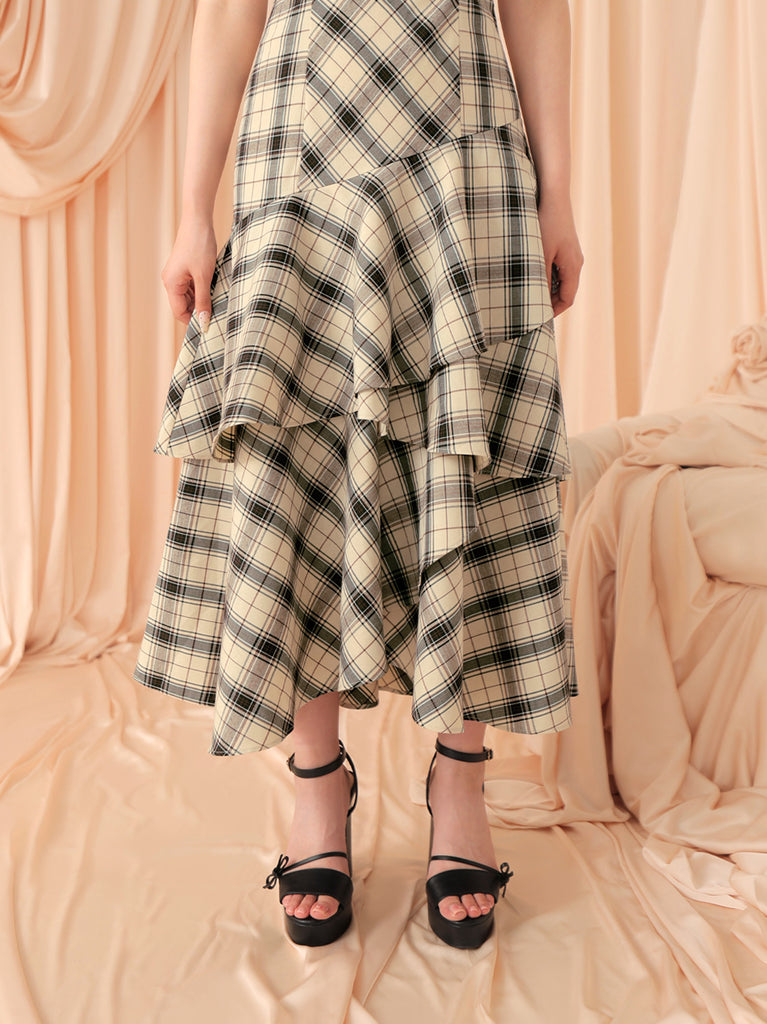 Check asymmetrical camisole onepiece(eme10807)