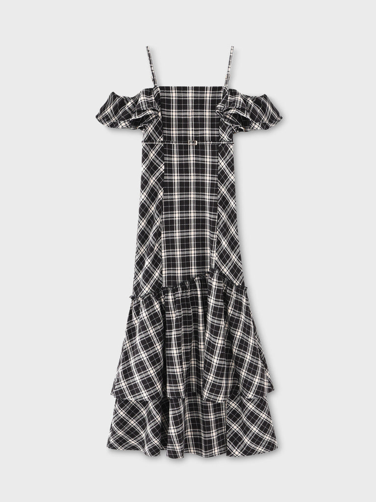Off shoulder check frill onepiece(eme10808)