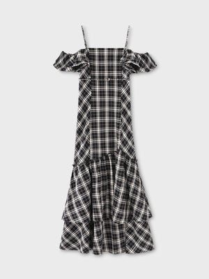 Off shoulder check frill onepiece(eme10808)