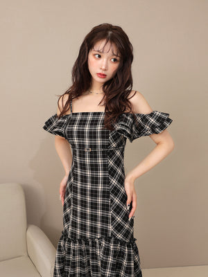 Off shoulder check frill onepiece(eme10808)