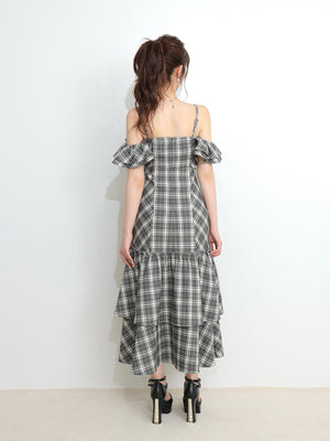 Off shoulder check frill onepiece(eme10808)