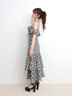Off shoulder check frill onepiece(eme10808)