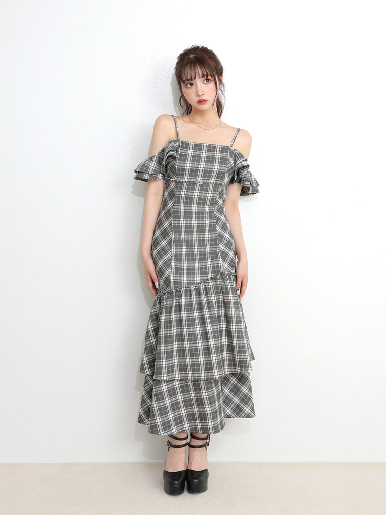 Off shoulder check frill onepiece(eme10808)