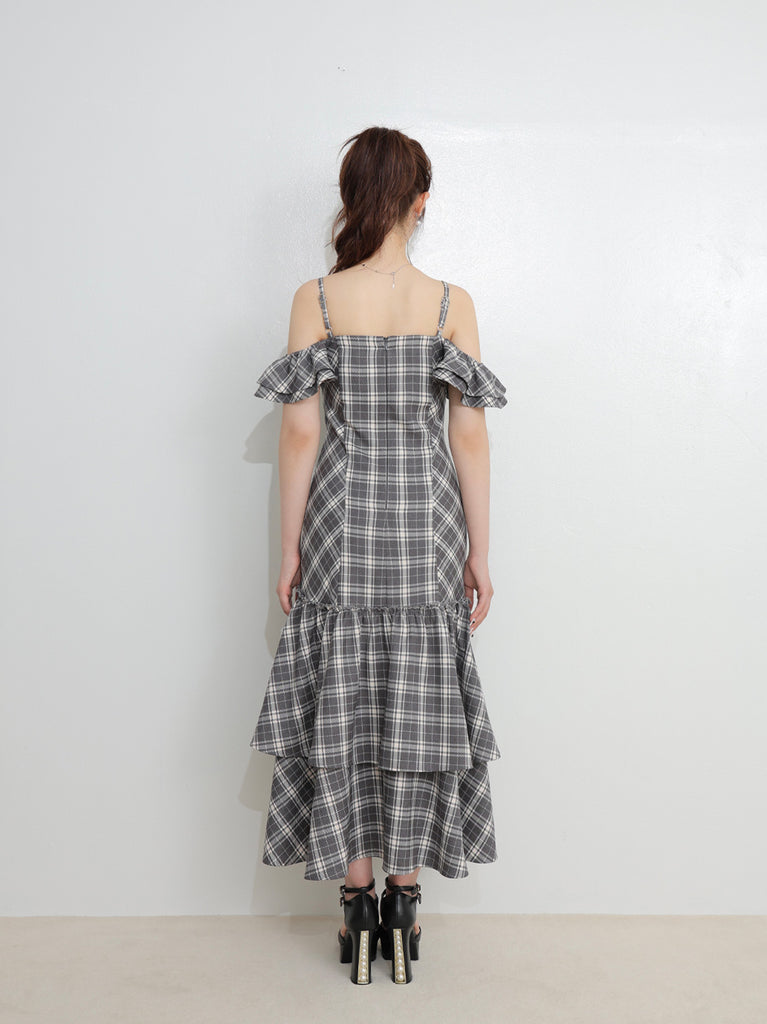 Off shoulder check frill onepiece(eme10808)