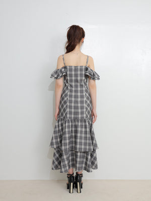 Off shoulder check frill onepiece(eme10808)