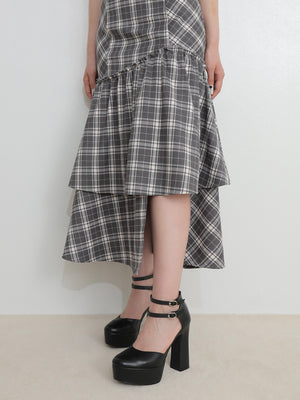 Off shoulder check frill onepiece(eme10808)