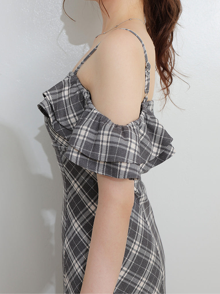 Off shoulder check frill onepiece(eme10808)