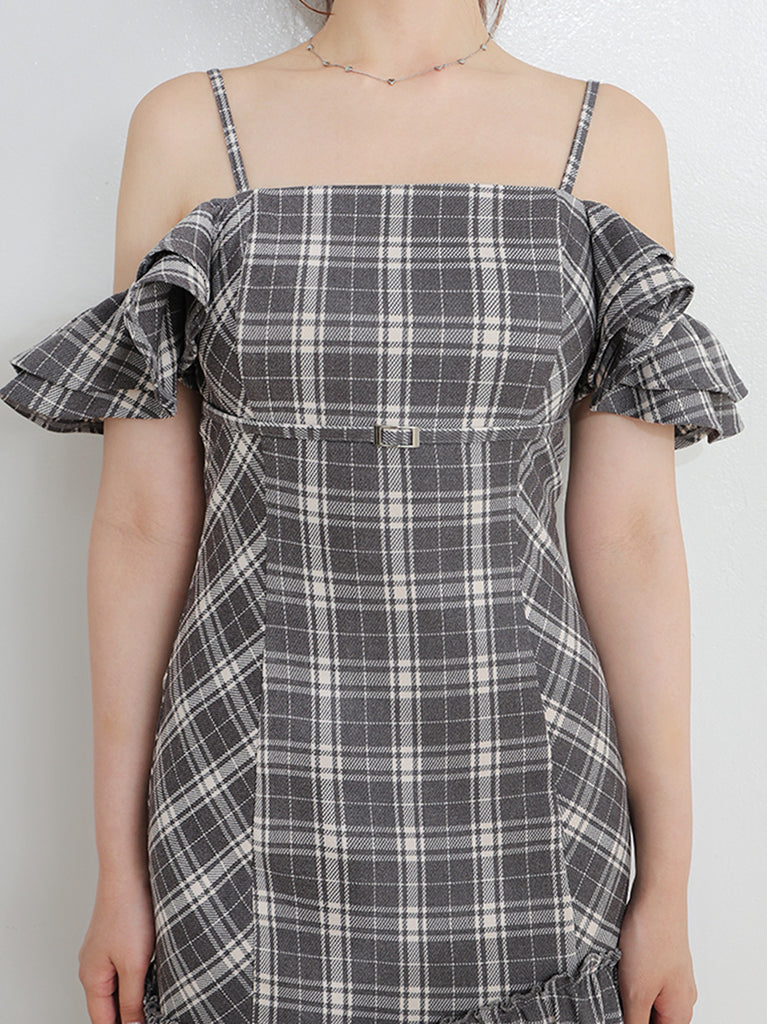 Off shoulder check frill onepiece(eme10808)