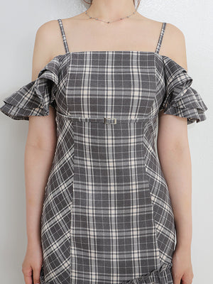 Off shoulder check frill onepiece(eme10808)
