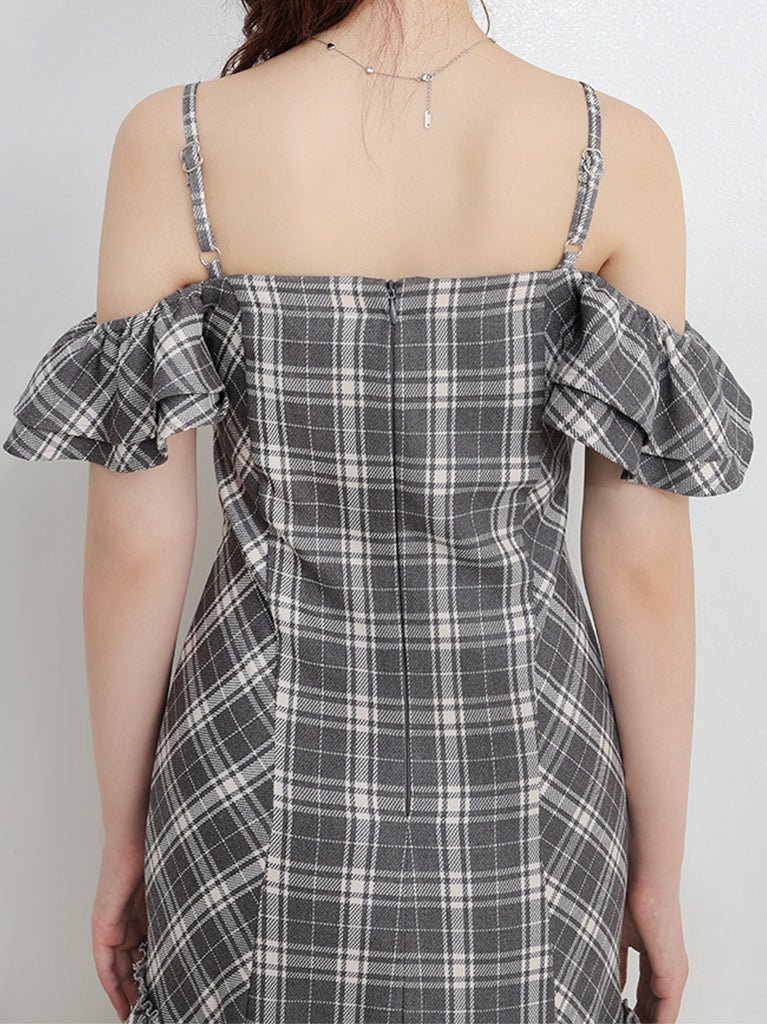 Off shoulder check frill onepiece(eme10808)