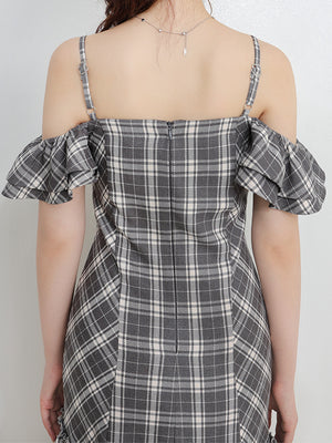 Off shoulder check frill onepiece(eme10808)